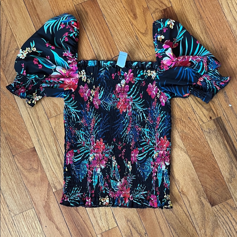 Revamped Floral Off-Shoulder Smocked Crop Top - Black, Pink, Teal